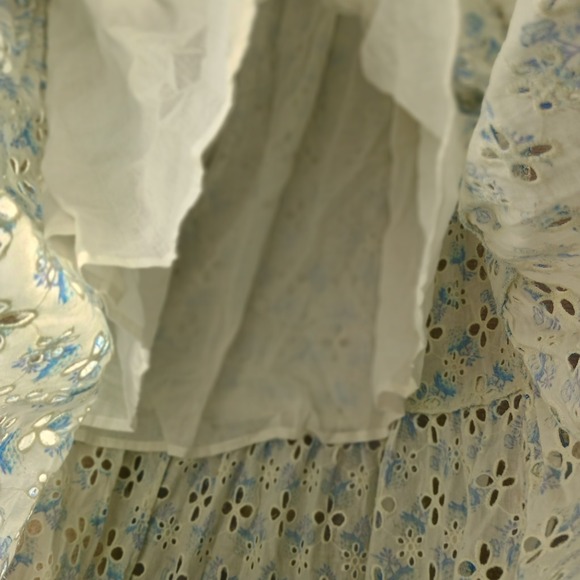 Hemant Nandita Womens XS XSMALL Blue White Boho Floral Eyelet Belted Maxi Dress - Picture 9 of 10